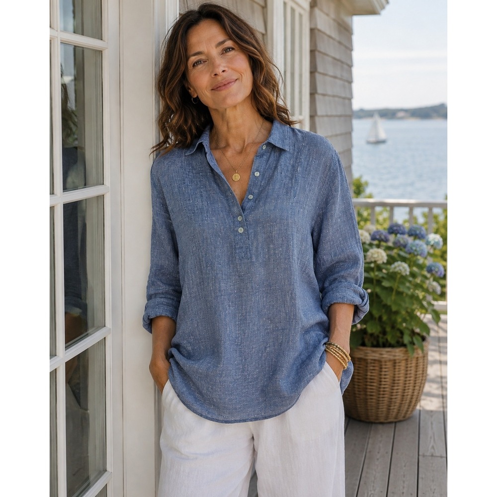 J Jill Love Linen Women Long‎ Sleeve Tunic Button Up Shirt S Breathable Coastal